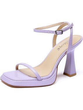 Women's Purple Chunky Square Toe Heel Sandals Block High Heel Ankle Strap Heels
